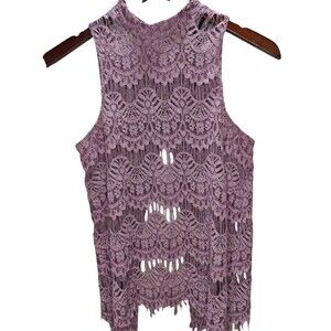 Women’s Purple Lilac Lace Sleeveless Top M Boho Festival Sheer Crochet Scallop
